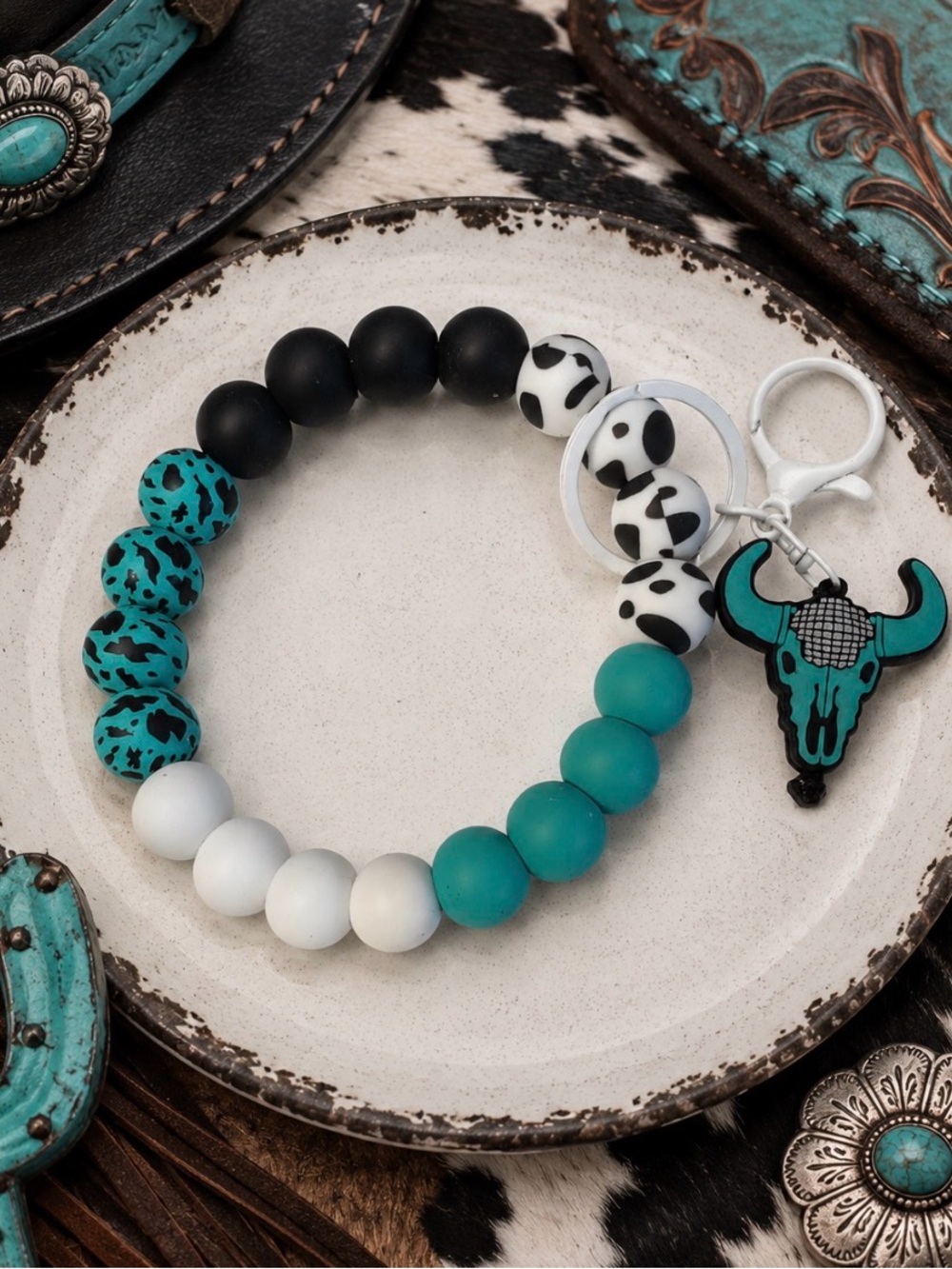 Hand Crafted Turquoise Black White Beaded Wristlet Keychain